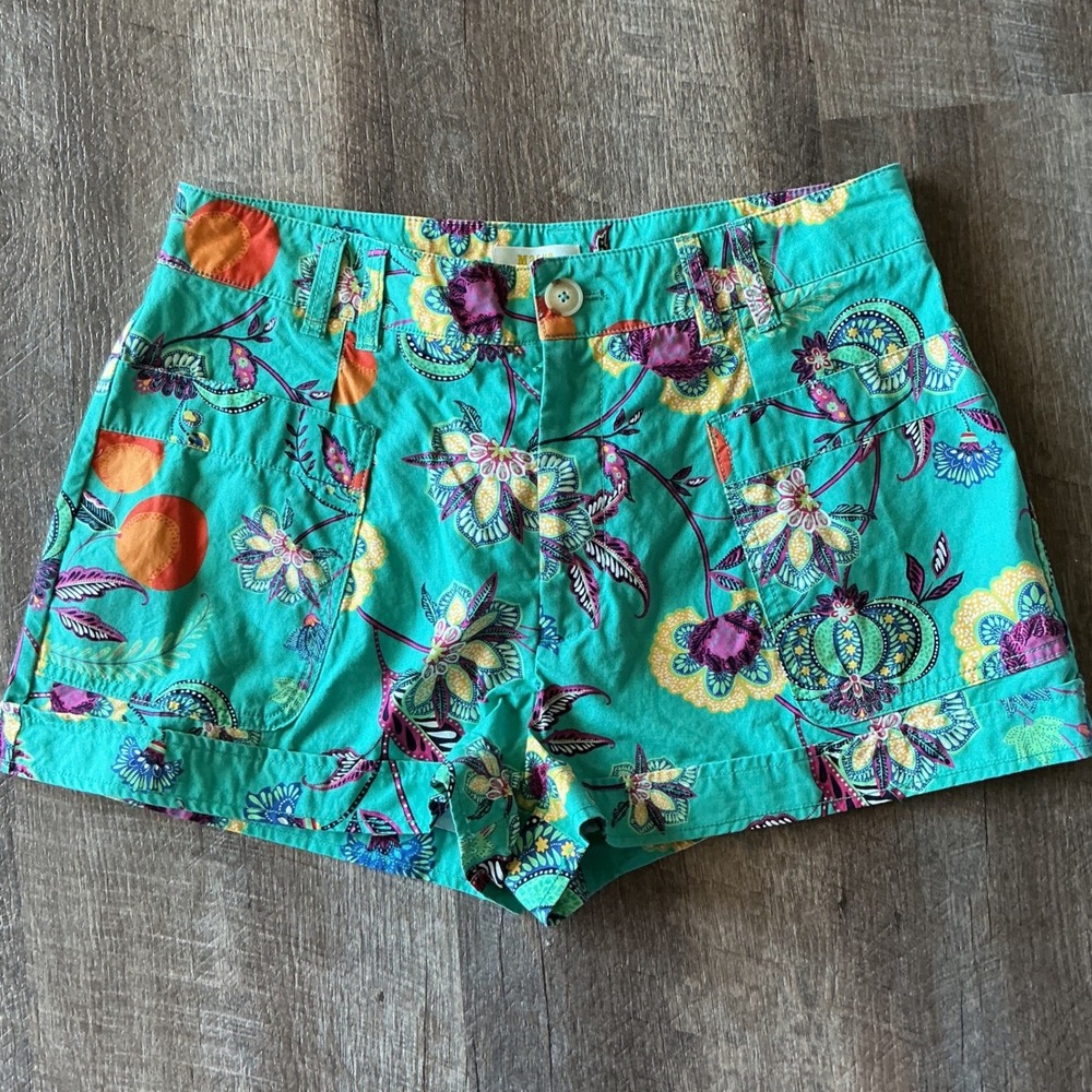Maeve Anthropologie Teal Floral Fruit Print Cotton Shorts  8